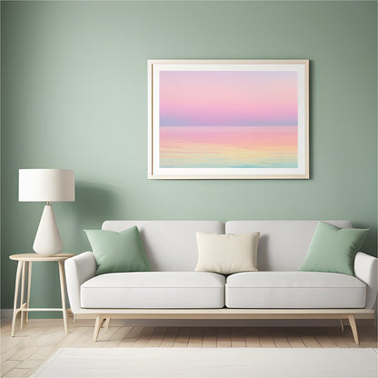 Immerse yourself in the serene beauty of this pastel seascape, where gentle hues blend seamlessly for Hall