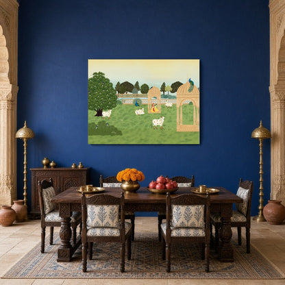 Immerse yourself in the serene beauty of Pichwai art with this captivating portrayal of sacred cows for Dining
