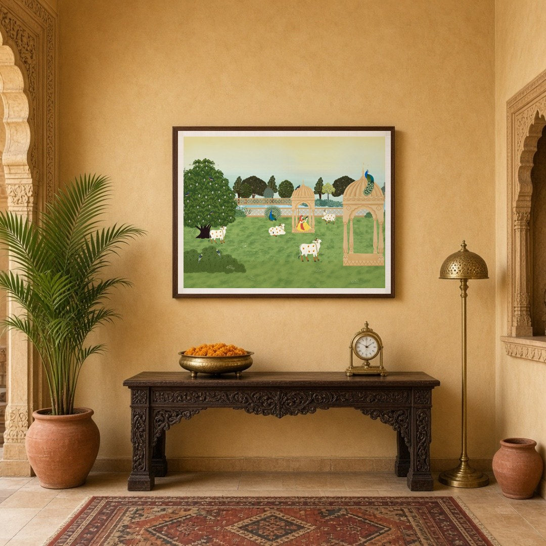 Immerse yourself in the serene beauty of Pichwai art with this captivating portrayal of sacred cows for Entrance