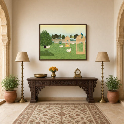 Immerse yourself in the serene beauty of Pichwai art with this captivating portrayal of sacred cows for Hallway