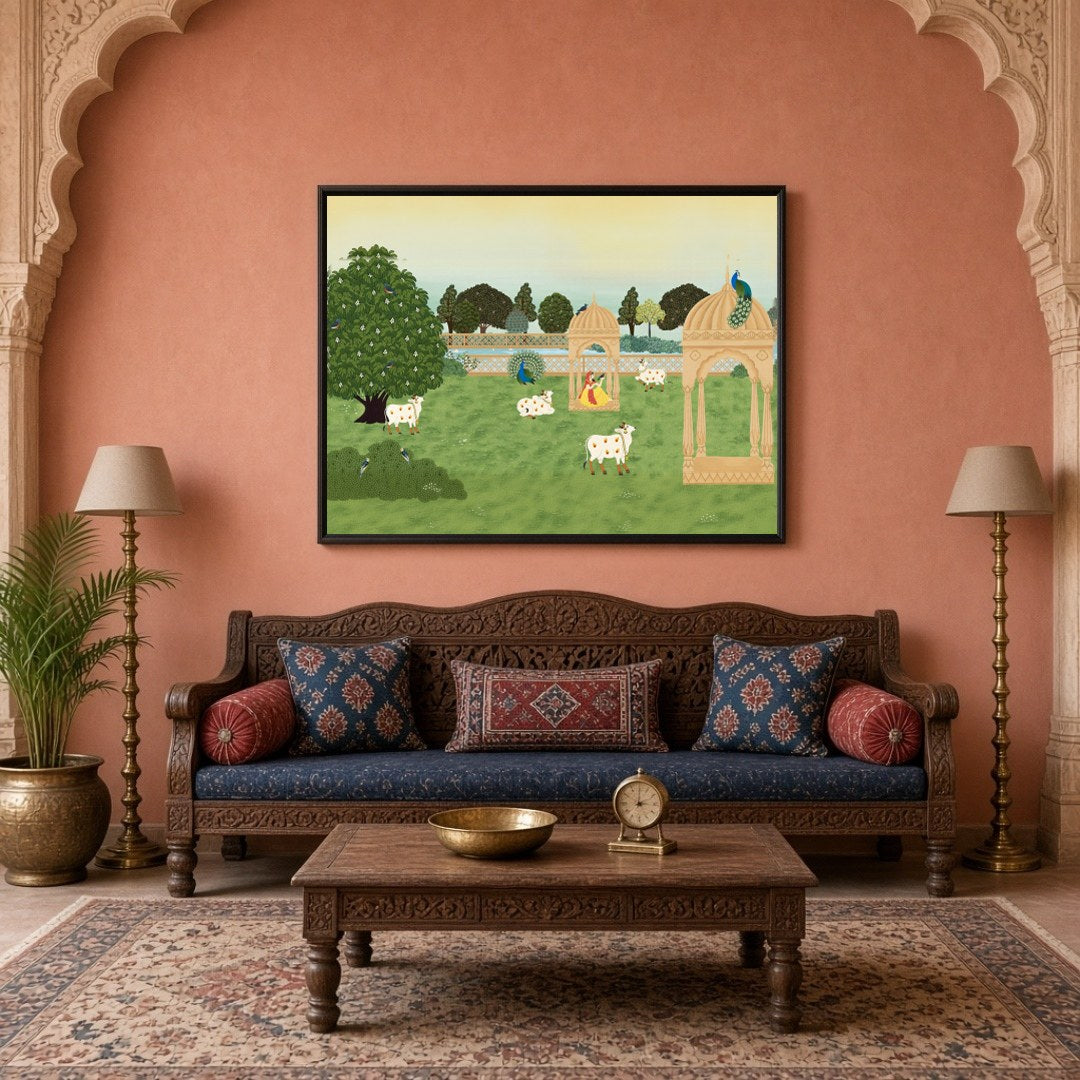 Immerse yourself in the serene beauty of Pichwai art with this captivating portrayal of sacred cows for Living Room