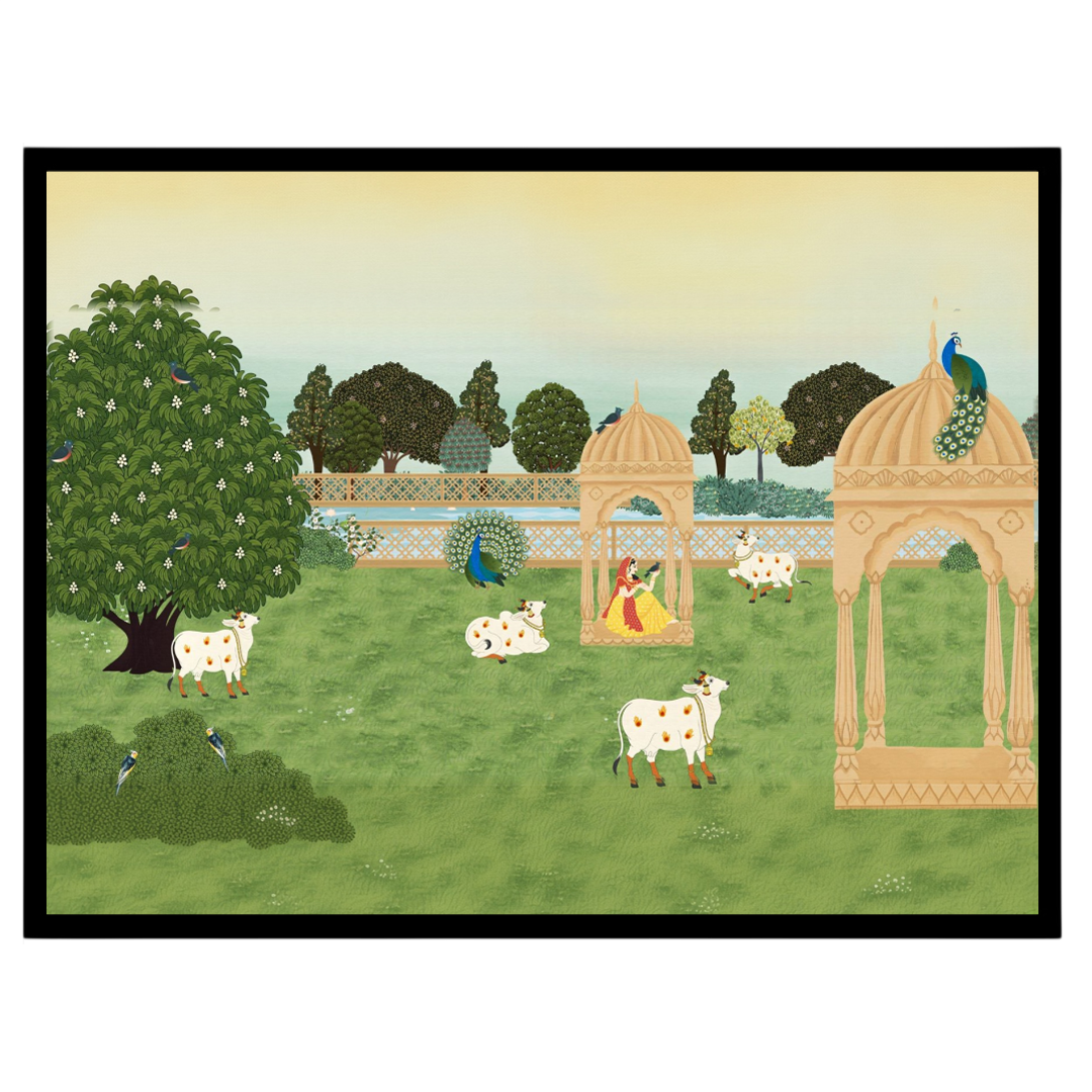 Immerse yourself in the serene beauty of Pichwai art with this captivating portrayal of sacred cows for office