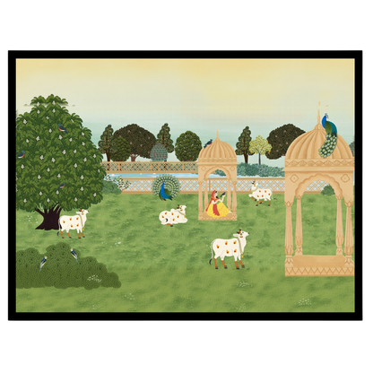 Immerse yourself in the serene beauty of Pichwai art with this captivating portrayal of sacred cows for office