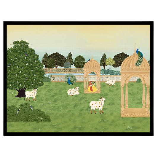 Immerse yourself in the serene beauty of Pichwai art with this captivating portrayal of sacred cows for office
