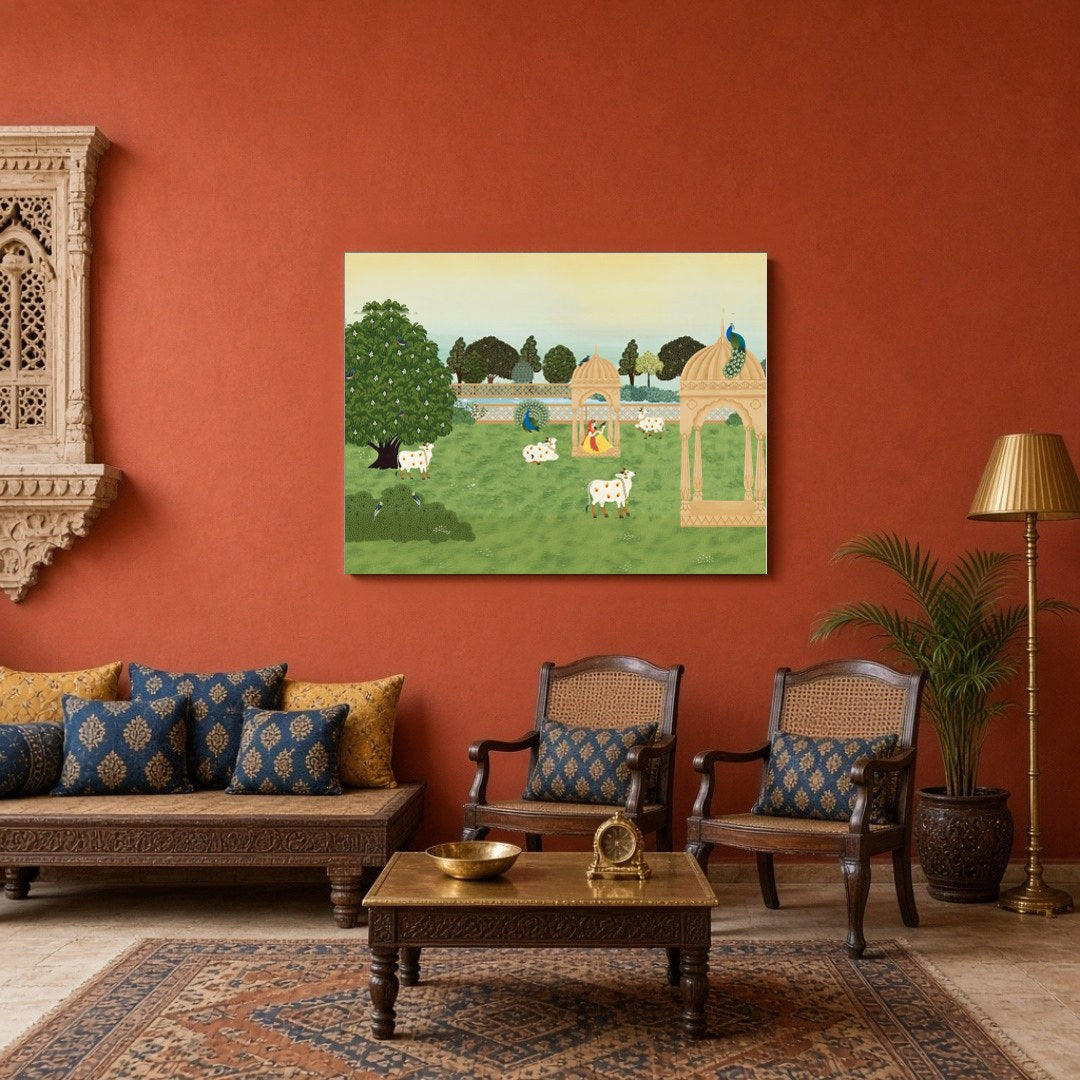 Immerse yourself in the serene beauty of Pichwai art with this captivating portrayal of sacred cows for Sitting Area