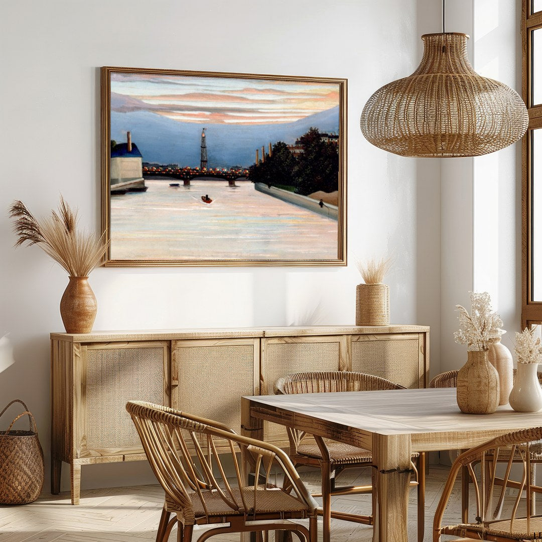 This stunning piece captures the sublime serenity of a river at dusk, with city lights beginning to for Dining
