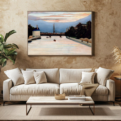 This stunning piece captures the sublime serenity of a river at dusk, with city lights beginning to for Family Room
