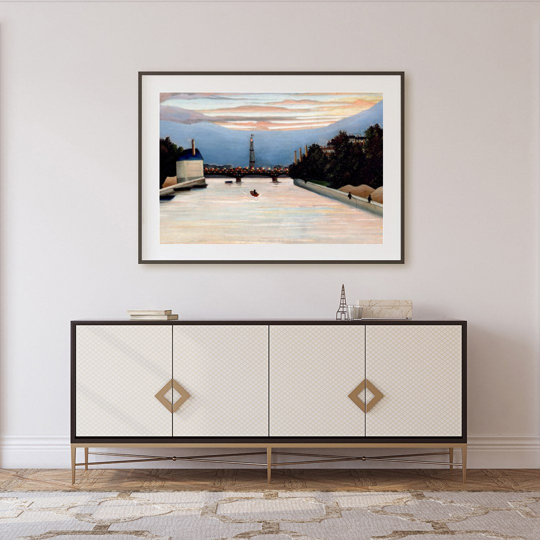 This stunning piece captures the sublime serenity of a river at dusk, with city lights beginning to for Foyer
