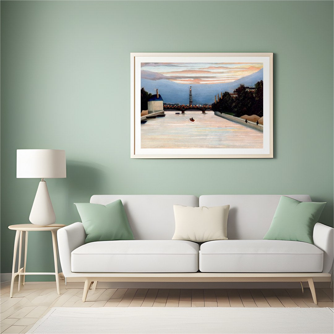 This stunning piece captures the sublime serenity of a river at dusk, with city lights beginning to for Hall