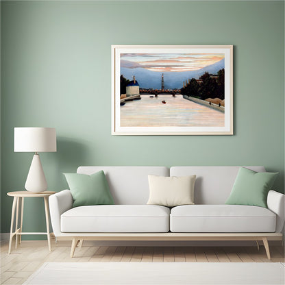 This stunning piece captures the sublime serenity of a river at dusk, with city lights beginning to for Hall