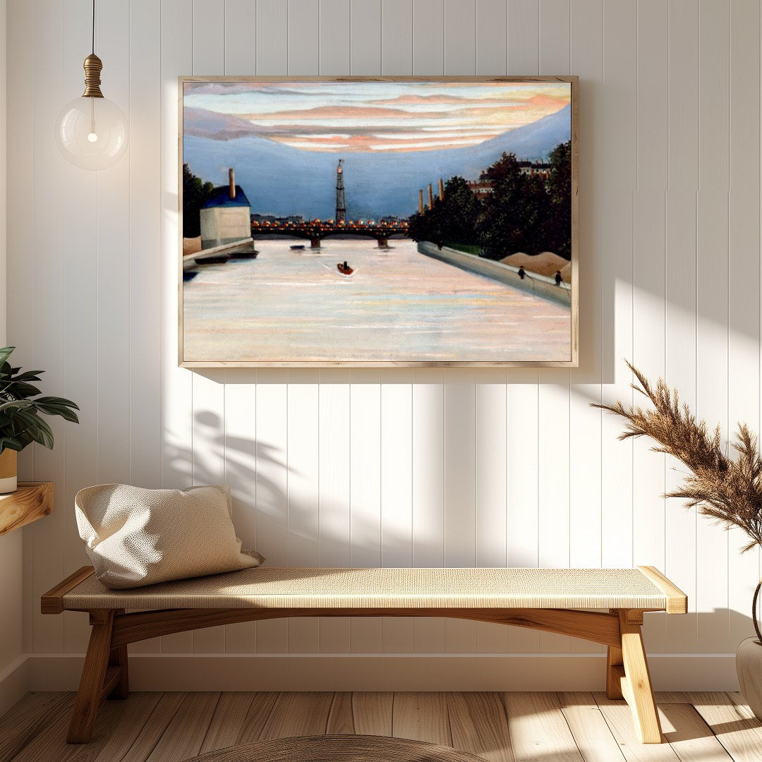This stunning piece captures the sublime serenity of a river at dusk, with city lights beginning to for Hallway