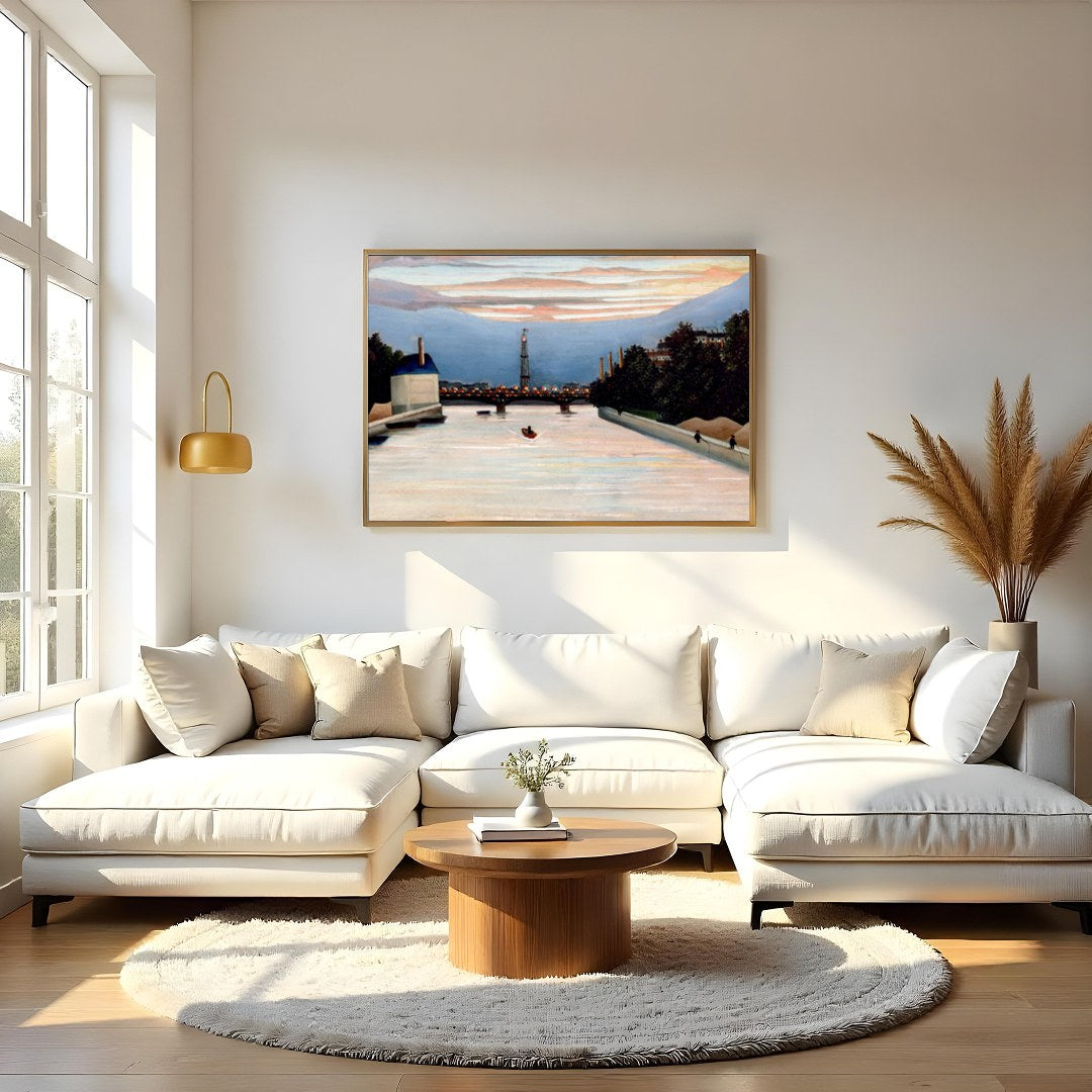This stunning piece captures the sublime serenity of a river at dusk, with city lights beginning to for Living Room