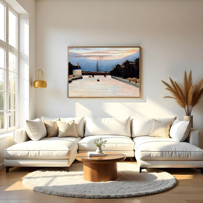 This stunning piece captures the sublime serenity of a river at dusk, with city lights beginning to for Living Room