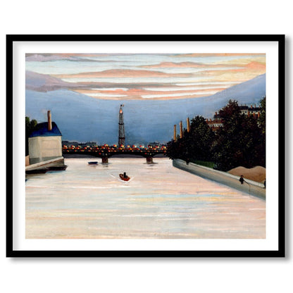 This stunning piece captures the sublime serenity of a river at dusk, with city lights beginning to for living-space