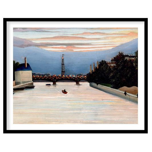 This stunning piece captures the sublime serenity of a river at dusk, with city lights beginning to for living-space