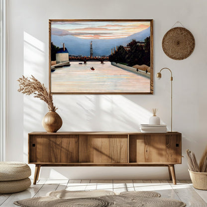 This stunning piece captures the sublime serenity of a river at dusk, with city lights beginning to for Sitting Area