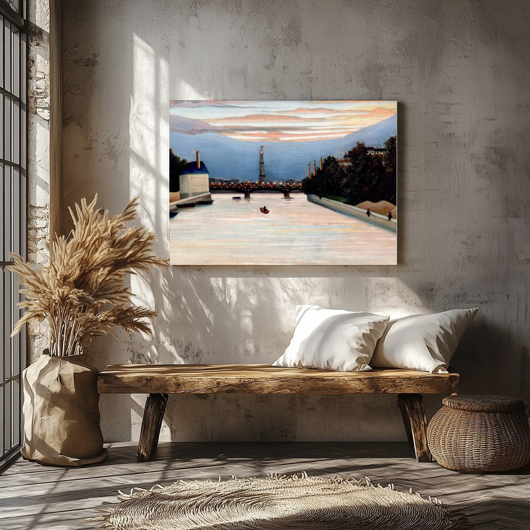 This stunning piece captures the sublime serenity of a river at dusk, with city lights beginning to for Veranda