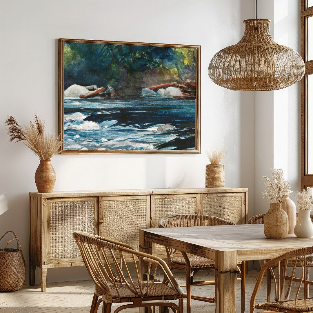 Immerse yourself in the serene beauty of nature with this stunning abstract depiction of a river for Dining