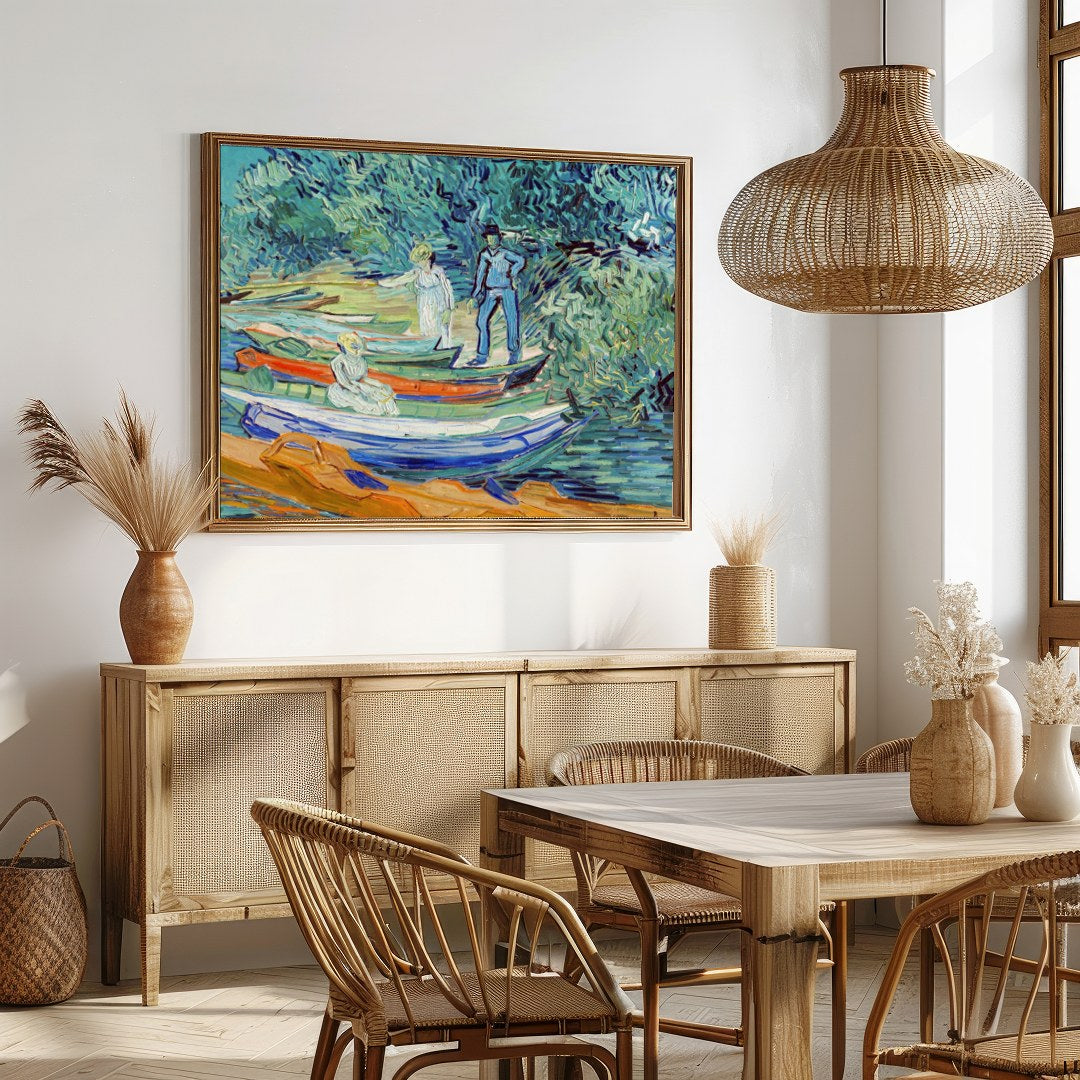 Capture the serene beauty of a riverside afternoon with this captivating artwork. Featuring figures for Dining
