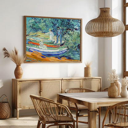 Capture the serene beauty of a riverside afternoon with this captivating artwork. Featuring figures for Dining