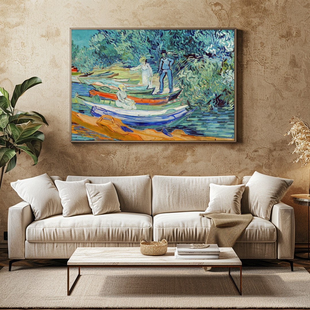 Capture the serene beauty of a riverside afternoon with this captivating artwork. Featuring figures for Family Room
