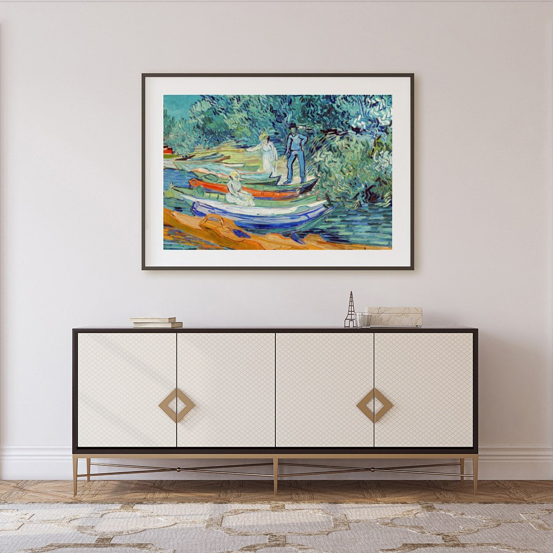 Capture the serene beauty of a riverside afternoon with this captivating artwork. Featuring figures for Foyer