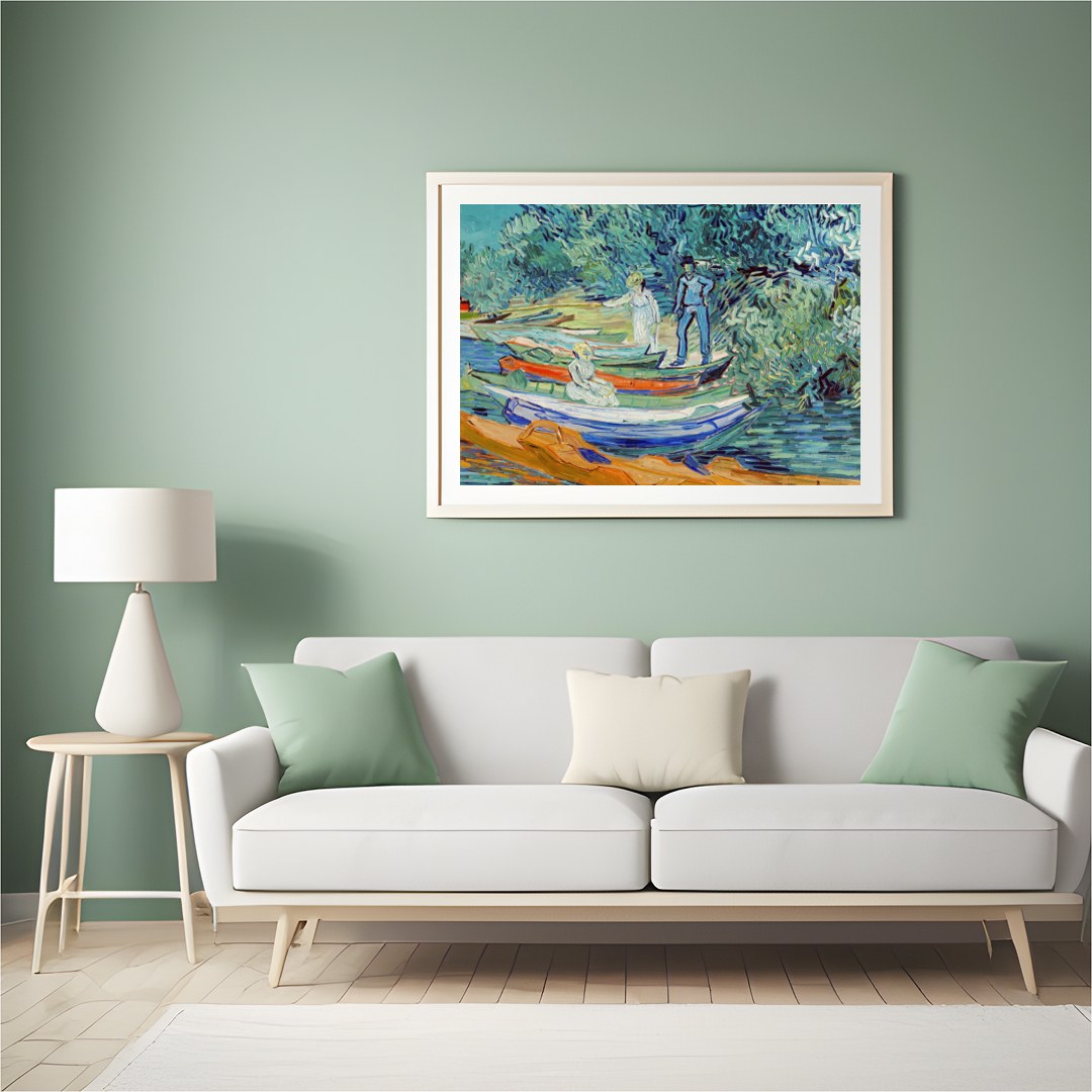 Capture the serene beauty of a riverside afternoon with this captivating artwork. Featuring figures for Hall