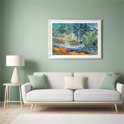 Capture the serene beauty of a riverside afternoon with this captivating artwork. Featuring figures for Hall