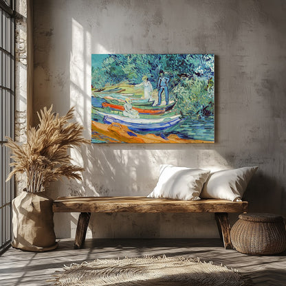 Capture the serene beauty of a riverside afternoon with this captivating artwork. Featuring figures for Veranda