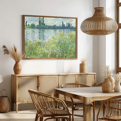 Experience the serene beauty of nature with this captivating landscape artwork, depicting a calm for Dining