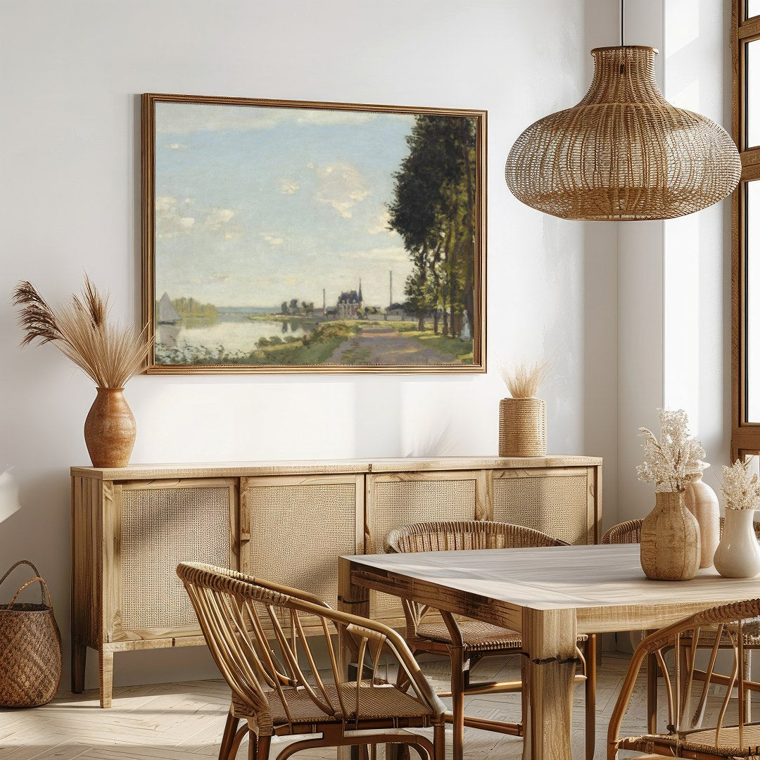 Immerse yourself in the serene beauty of this tranquil riverscape, where soft brushstrokes capture for Dining