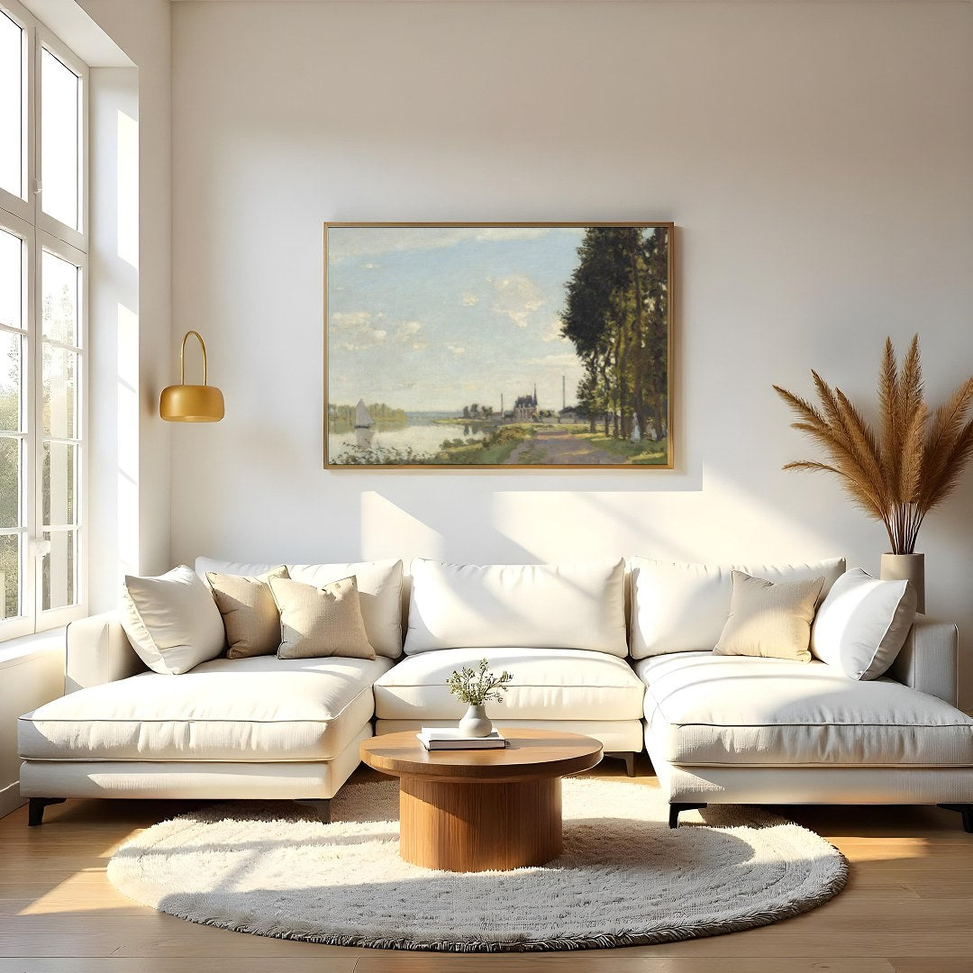 Immerse yourself in the serene beauty of this tranquil riverscape, where soft brushstrokes capture for Living Room