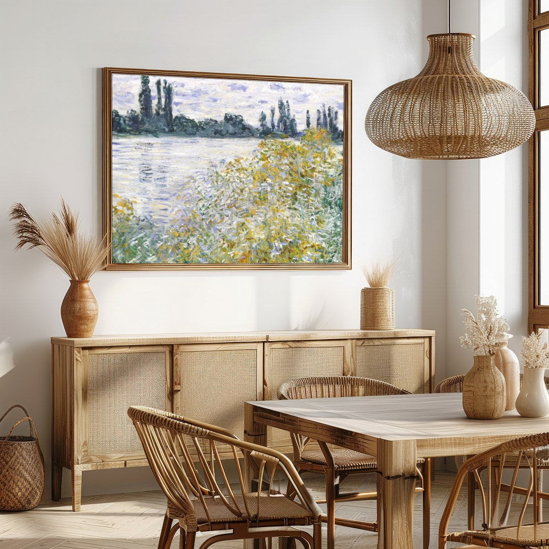 Experience the serene beauty of nature with 'Tranquil Riverside by Monet'. This artwork captures for Dining
