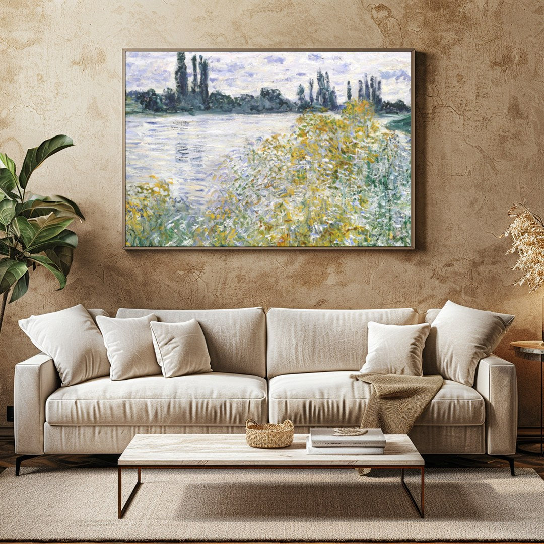 Experience the serene beauty of nature with 'Tranquil Riverside by Monet'. This artwork captures for Family Room