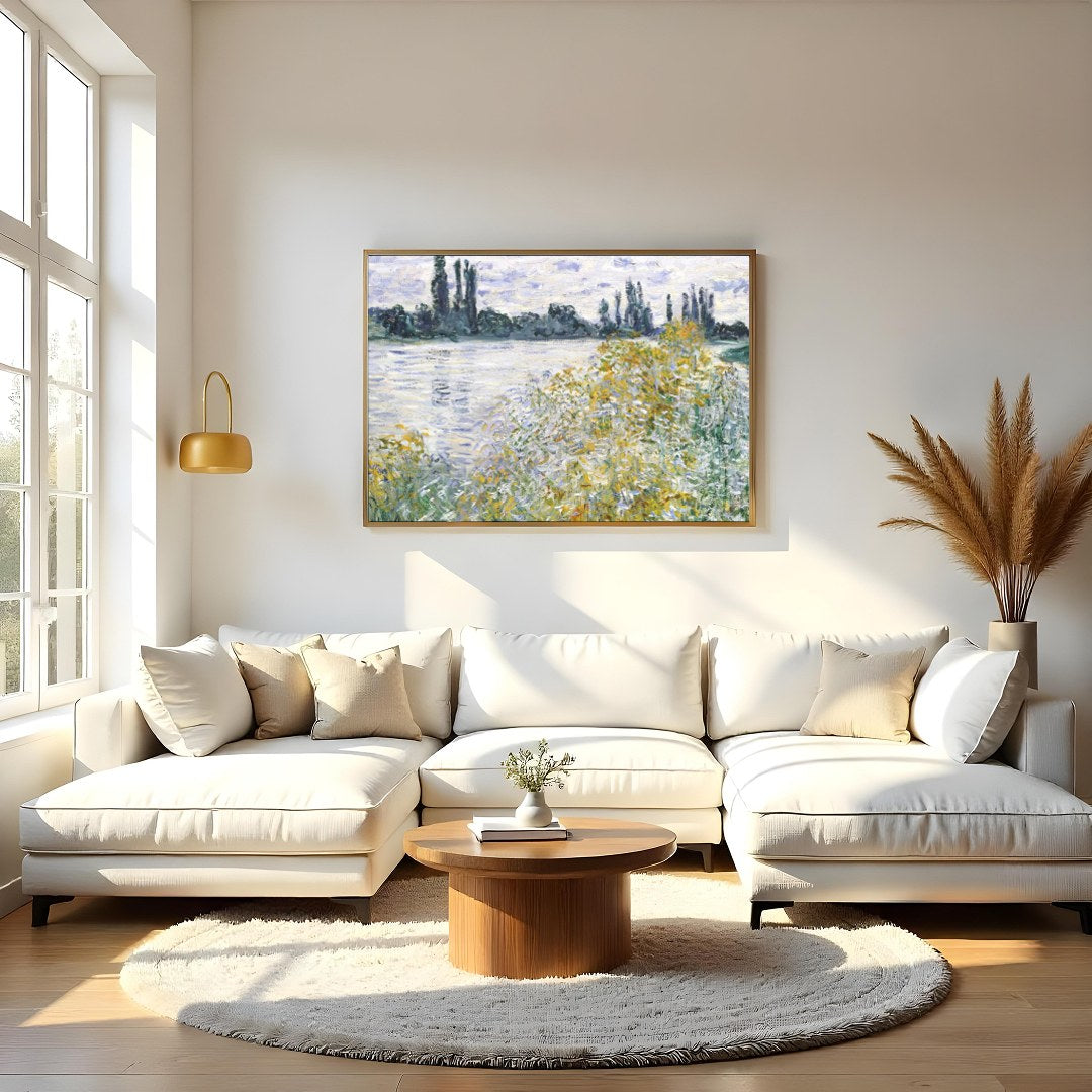 Experience the serene beauty of nature with 'Tranquil Riverside by Monet'. This artwork captures for Living Room