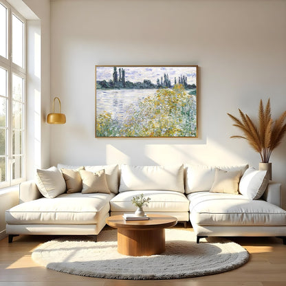 Experience the serene beauty of nature with 'Tranquil Riverside by Monet'. This artwork captures for Living Room