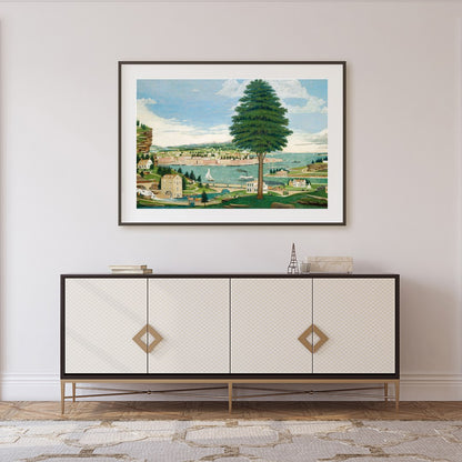 Immerse yourself in the charm of this tranquil riverside panorama, capturing a serene landscape for Foyer