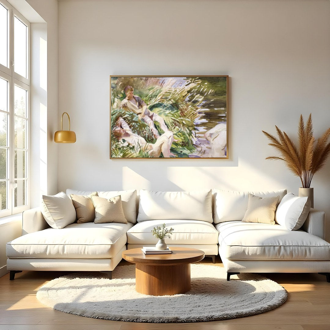 Immerse yourself in the serene beauty of this watercolor masterpiece, depicting a harmonious for Living Room