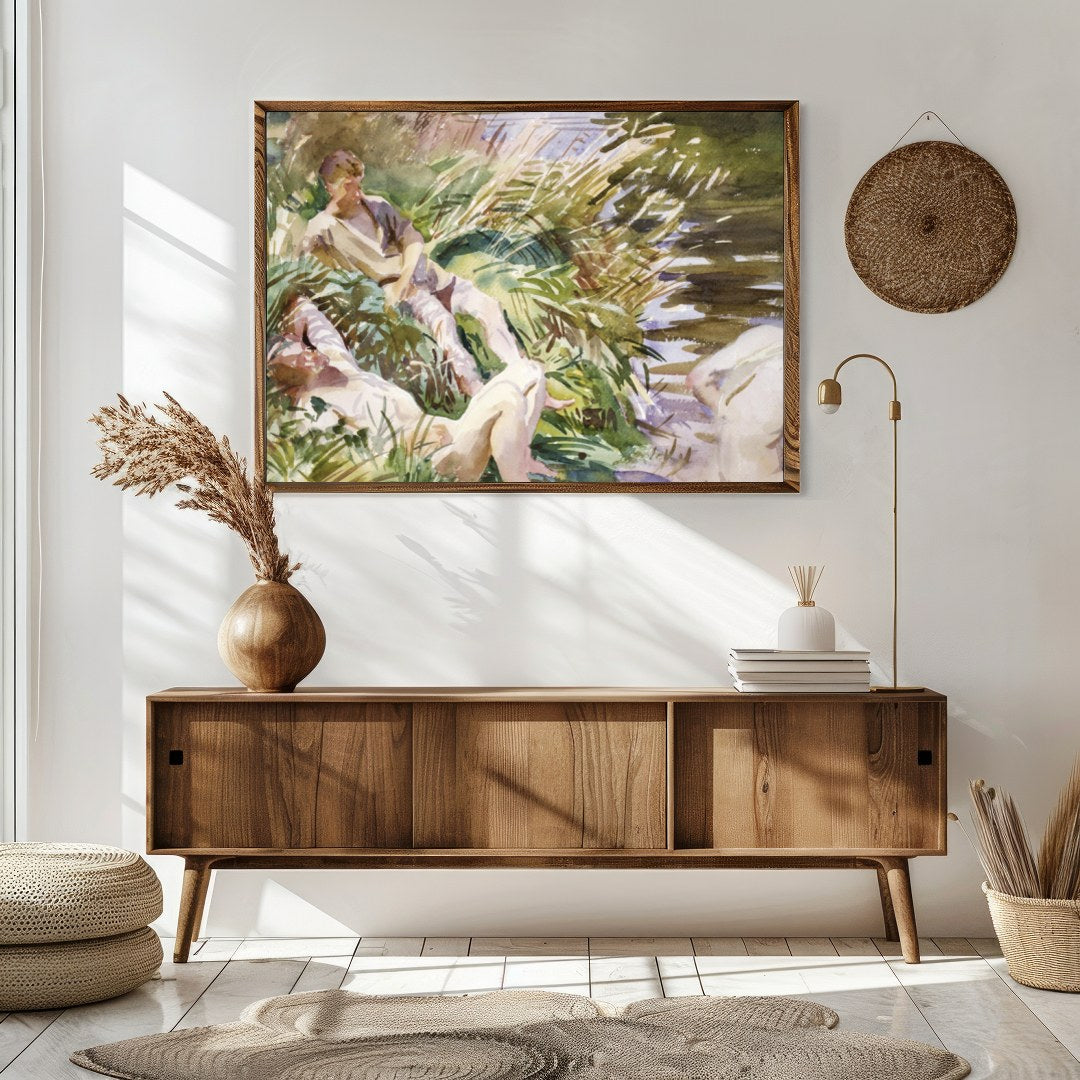 Immerse yourself in the serene beauty of this watercolor masterpiece, depicting a harmonious for Sitting Area