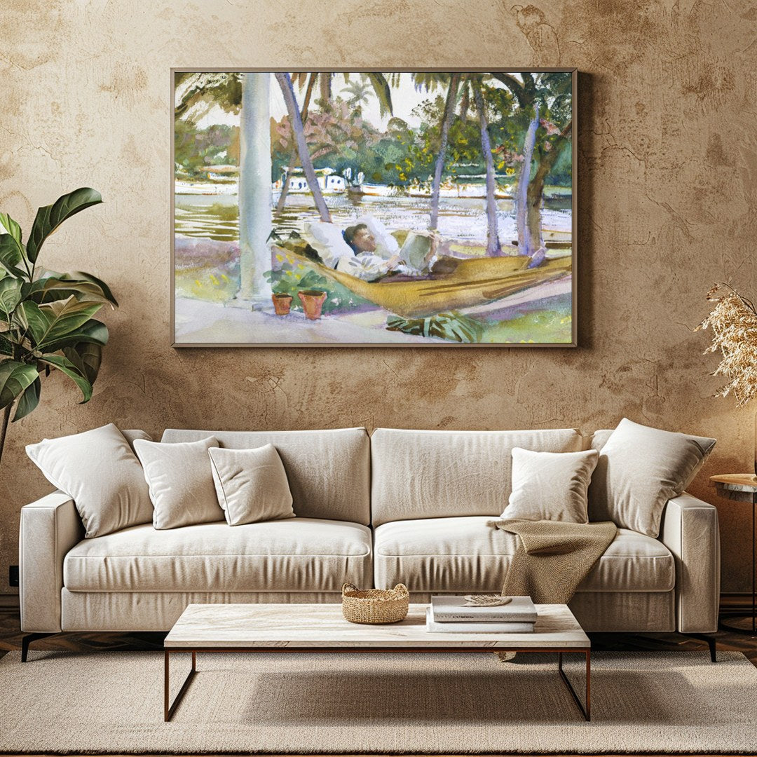 Capture the serene essence of leisure with this exquisite watercolor scene showcasing a restful for Family Room