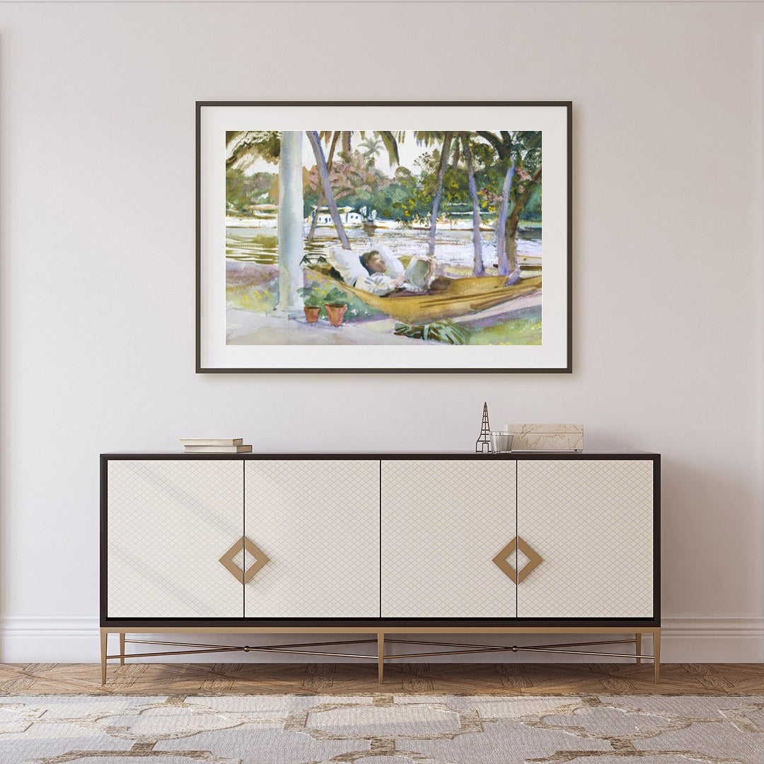 Capture the serene essence of leisure with this exquisite watercolor scene showcasing a restful for Foyer