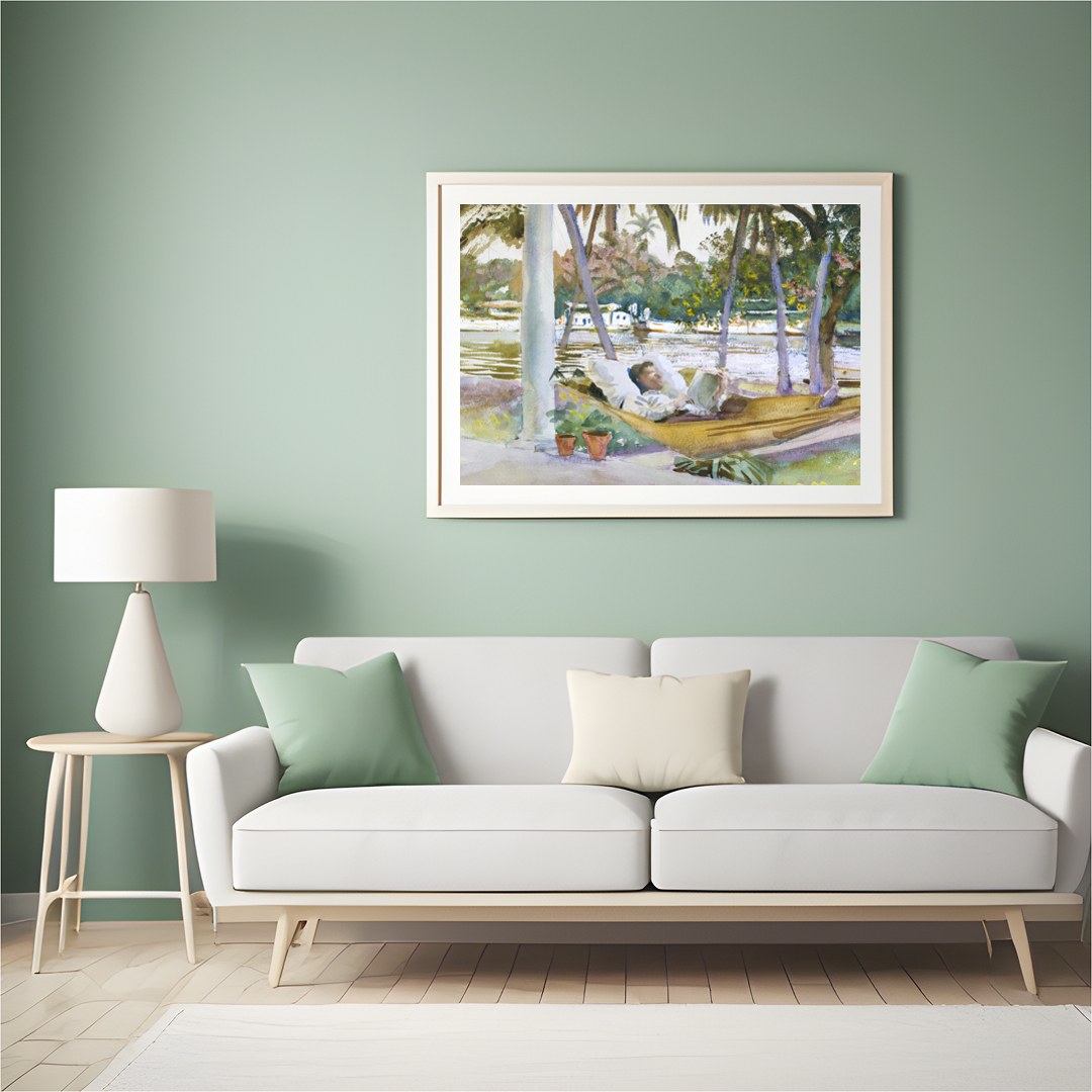 Capture the serene essence of leisure with this exquisite watercolor scene showcasing a restful for Hall