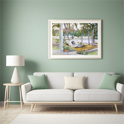 Capture the serene essence of leisure with this exquisite watercolor scene showcasing a restful for Hall