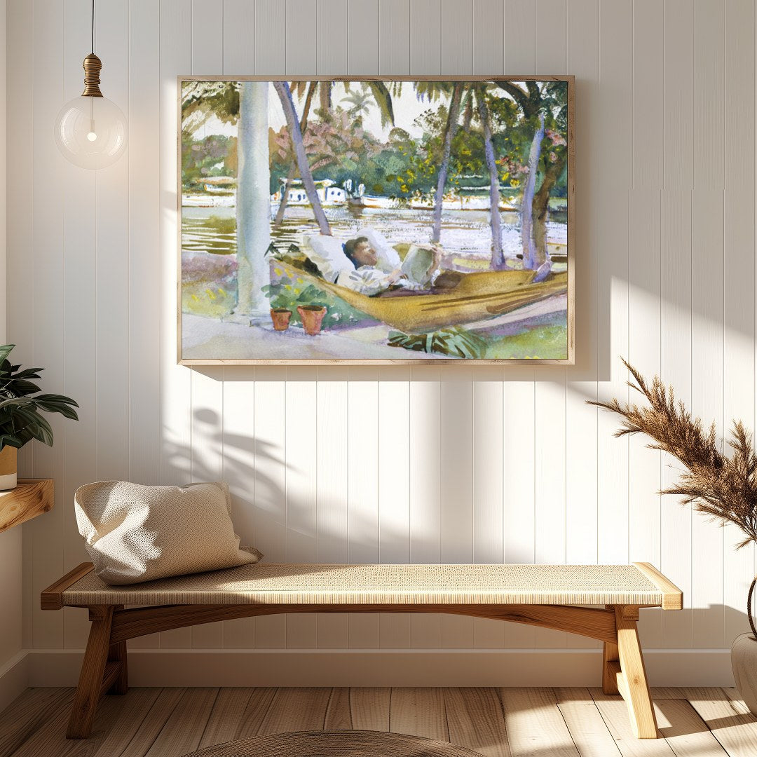 Capture the serene essence of leisure with this exquisite watercolor scene showcasing a restful for Hallway