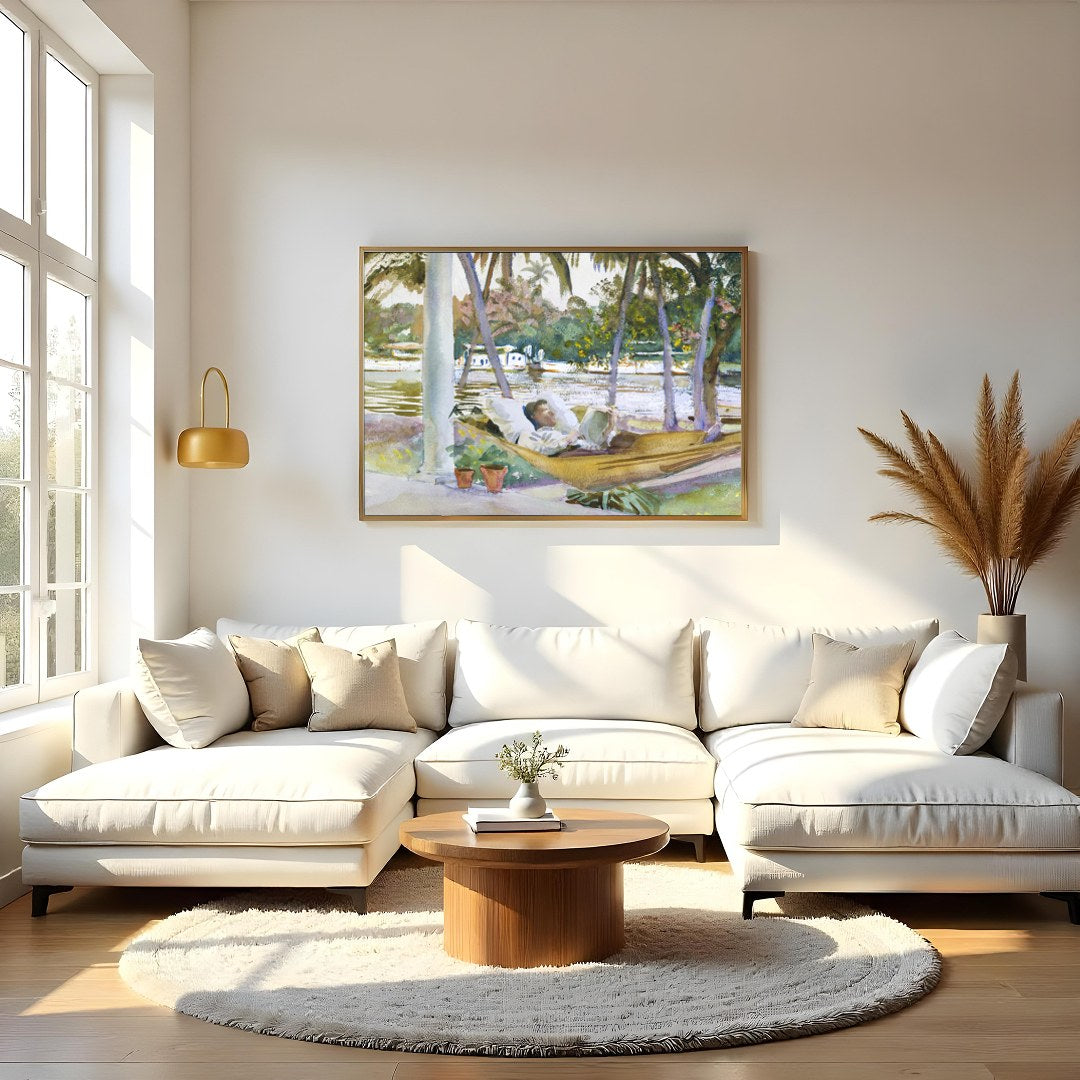 Capture the serene essence of leisure with this exquisite watercolor scene showcasing a restful for Living Room