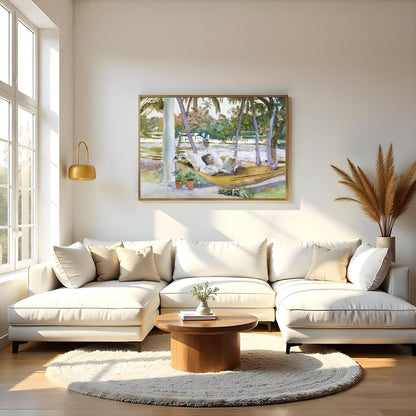 Capture the serene essence of leisure with this exquisite watercolor scene showcasing a restful for Living Room