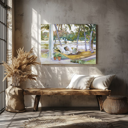 Capture the serene essence of leisure with this exquisite watercolor scene showcasing a restful for Veranda
