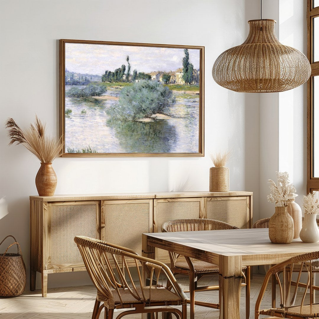 Immerse yourself in serene beauty with this idyllic riverside village painting. Featuring soft for Dining