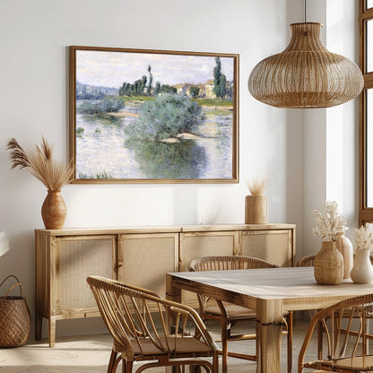 Immerse yourself in serene beauty with this idyllic riverside village painting. Featuring soft for Dining