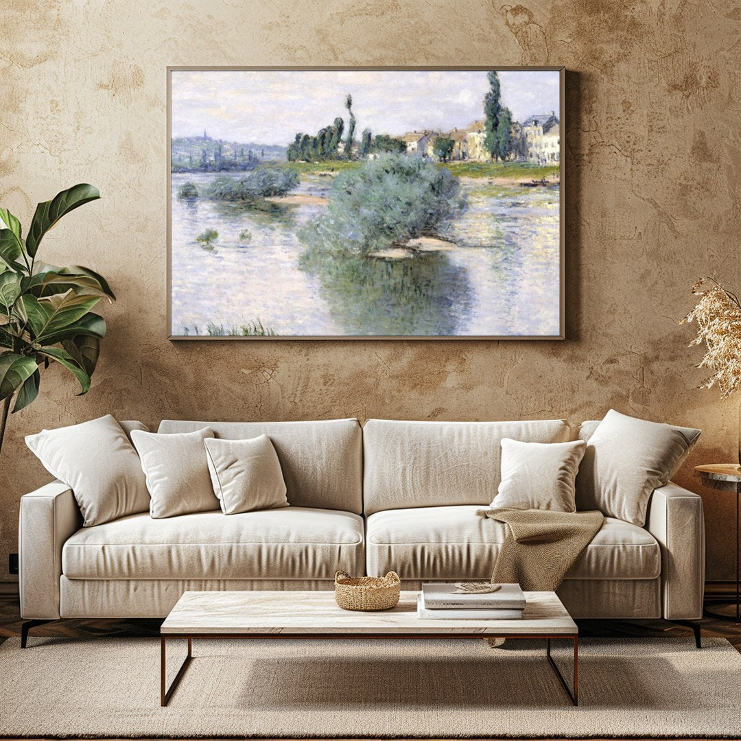Immerse yourself in serene beauty with this idyllic riverside village painting. Featuring soft for Family Room